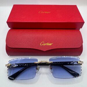 Cartier Buffs Sunglasses Diamond Cut Lens Blue Tint Diamond Gold Frame